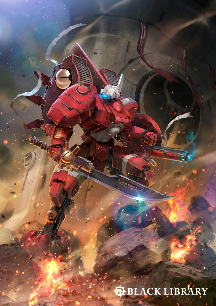 arm_cannon blue_eyes cover cover_image cover_page english_commentary fire glowing glowing_eye highres holding holding_sword holding_weapon looking_to_the_side mar-c! mecha mecha_request no_humans novel_cover official_art one-eyed robot science_fiction solo sword t'au warhammer_40k weapon