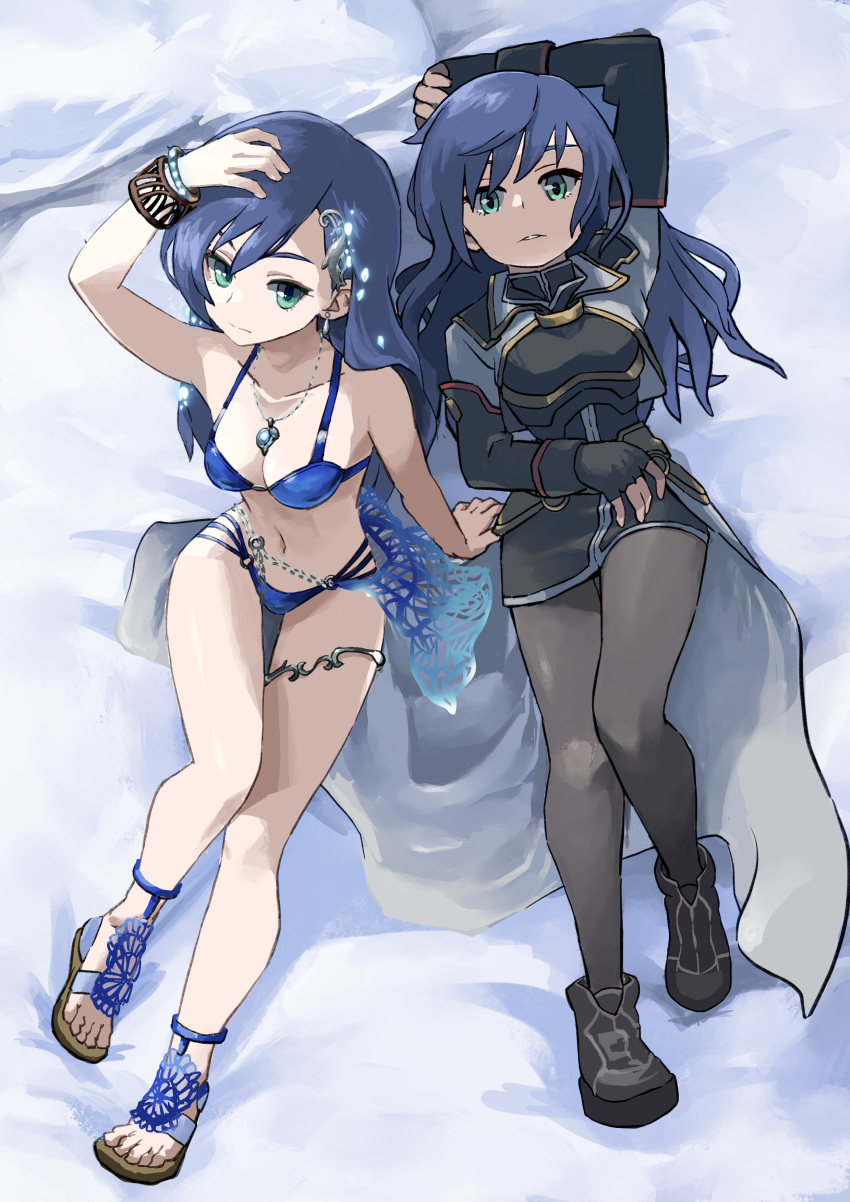 1girl absurdres black_pantyhose blue_hair breasts case-k closed_mouth dual_persona earrings fingerless_gloves gloves green_eyes highres jewelry long_hair looking_at_viewer maria_traydor navel necklace pantyhose skirt solo star_ocean star_ocean_till_the_end_of_time swimsuit