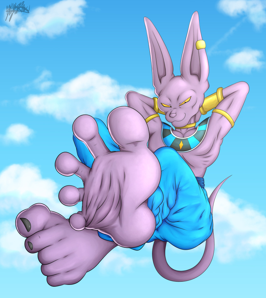 2022 5_toes absurd_res anthro beerus benjipaws clothing domestic_cat dragon_ball dragon_ball_super feet felid feline felis floating foot_fetish foot_focus hands_behind_head hi_res humanoid_feet male mammal purple_body sky solo toes yellow_eyes