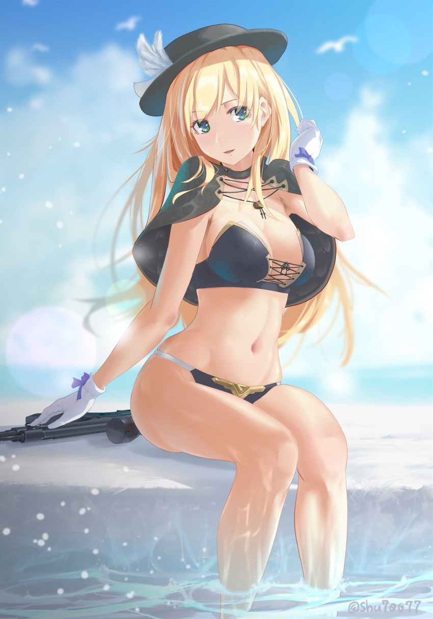 1girl absurdres alternate_costume arm_up assault_rifle bangs bare_legs bird black_cape black_headwear black_one-piece_swimsuit blonde_hair blue_sky blush breasts cape cleavage commentary feet_out_of_frame girls'_frontline gloves green_eyes gun highres long_hair looking_at_viewer medium_breasts navel ocean on_water open_mouth rifle shu70077 sitting sky solo stg44 stg44_(girls'_frontline) swimsuit thighs twitter_username weapon weapon_removed white_gloves