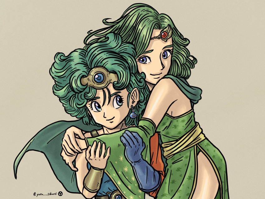 2girls aged_up blue_eyes cape closed_mouth crossover detached_sleeves dragon_quest dragon_quest_iv earrings final_fantasy final_fantasy_iv gloves green_hair hair_ornament heroine_(dq4) highres jewelry long_hair looking_at_viewer multiple_girls rydia_(ff4) simple_background single_glove slime_(dragon_quest) smile yuto_sakurai