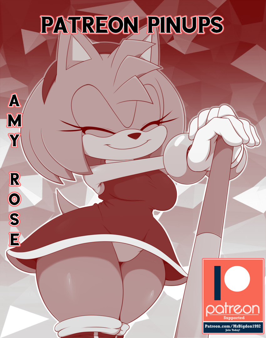 2022 abstract_background absurd_res amy_rose anthro bigdon1992 black_nose breasts clothed clothing digital_media_(artwork) dress eulipotyphlan eyelashes eyes_closed female fingers gloves handwear hedgehog hi_res mammal panties panty_shot patreon sega smile solo sonic_the_hedgehog_(series) thick_thighs underwear