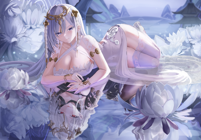 2girls absurdres azur_lane black_pantyhose breasts cleavage criss-cross_halter different_reflection dress dual_persona emden_(azur_lane) emden_(moonsilver_union)_(azur_lane) flower halter_dress halterneck highres lace-trimmed_legwear lace_trim long_hair looking_at_viewer lying_on_water mikkom multiple_girls official_alternate_costume pantyhose purple_eyes red_eyes reflection reflective_water sleeveless sleeveless_dress thighhighs very_long_hair white_dress white_flower white_hair white_thighhighs