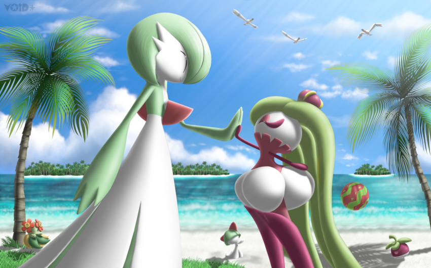 1other 3girls ^_^ absurdres arm_up arms_up artist_name ball bangs beach beachball bellossom berry_(pokemon) bird blue_sky blunt_bangs bob_cut bounsweet bowl_cut closed_eyes closed_mouth cloud colored_skin commentary day english_commentary facing_another flat_chest flower from_side full_body gardevoir grass grass_skirt green_hair green_skin green_skirt hair_over_eyes hand_up happy high_five highres horizon island light_rays long_hair monster_girl multicolored_skin multiple_girls ocean open_mouth outdoors outstretched_arm palm_tree plant_girl pokemon pokemon_(creature) profile purple_skin ralts red_flower sand short_hair skirt sky smile standing sunlight tree tsareena two-tone_skin very_long_hair void_(starvoid7) water watermark watmel_berry white_skin wingull