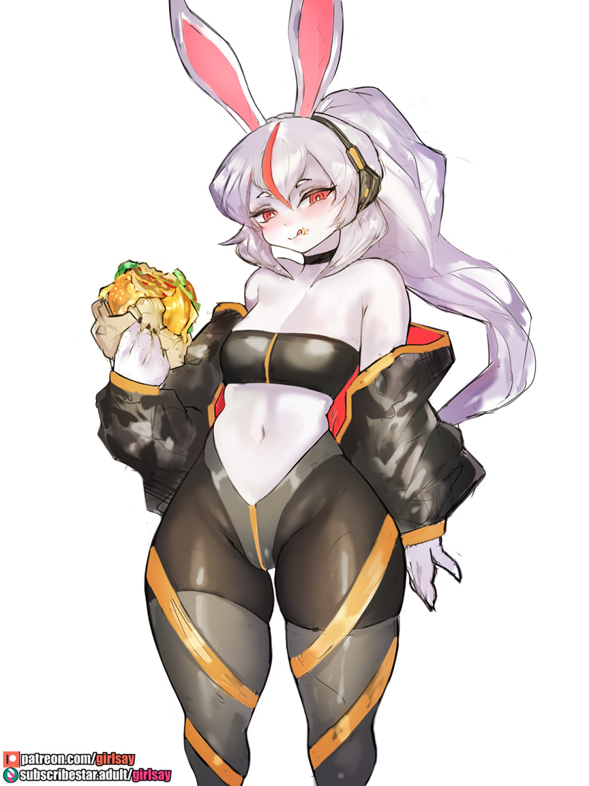 1girl animal_ears black_jacket black_leggings black_tube_top breasts burger cleavage english_commentary food food_on_face furry furry_female girlsay headphones highres holding holding_food jacket leggings licking_lips looking_to_the_side medium_breasts multicolored_hair off_shoulder orange_eyes orange_hair original pantyhose rabbit_ears rabbit_girl solo strapless streaked_hair tongue tongue_out tube_top web_address wide_hips