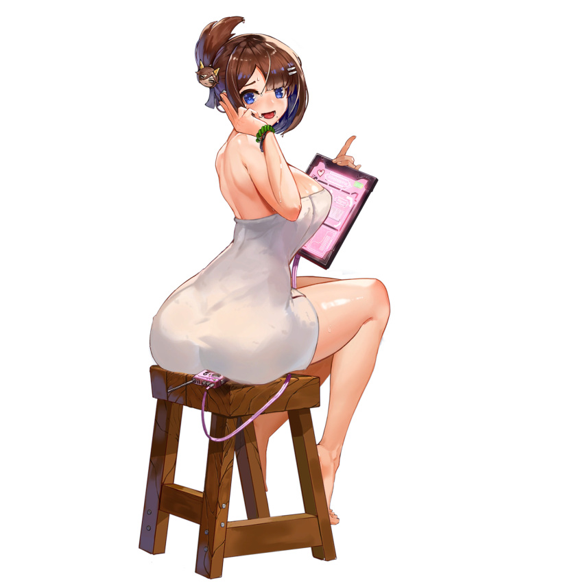 1girl ass bangs barefoot battery_indicator blue_eyes blush breasts brown_hair clipboard covered_nipples earpiece english_text feet full_body green_wristband hair_ornament hairclip heart highres holding holding_clipboard huge_ass khan_the_swift large_breasts last_origin looking_at_viewer looking_back median_furrow mole mole_under_mouth mr.yun naked_towel official_alternate_costume official_art open_mouth shiny shiny_skin short_hair shoulder_blades simple_background sitting sitting_on_object smile solo stool sweat tachi-e talon_feather_(last_origin) thighhighs towel transparent_background walkie-talkie wet white_towel wooden_stool