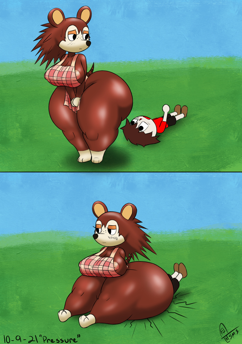 2021 absurd_res animal_crossing anthro apron apron_only areola big_breasts big_butt black_eyes blush bodily_fluids bottom_heavy breasts brown_body brown_fur brown_hair bubble_butt butt clothing duo eulipotyphlan facesitting female freckles fur hair hedgehog hi_res human inverted_nipples male mammal mostly_nude nintendo nipple_slip nipples sable_able supermoonshroom sweat sweatdrop text thick_thighs video_games villager_(animal_crossing) watermark