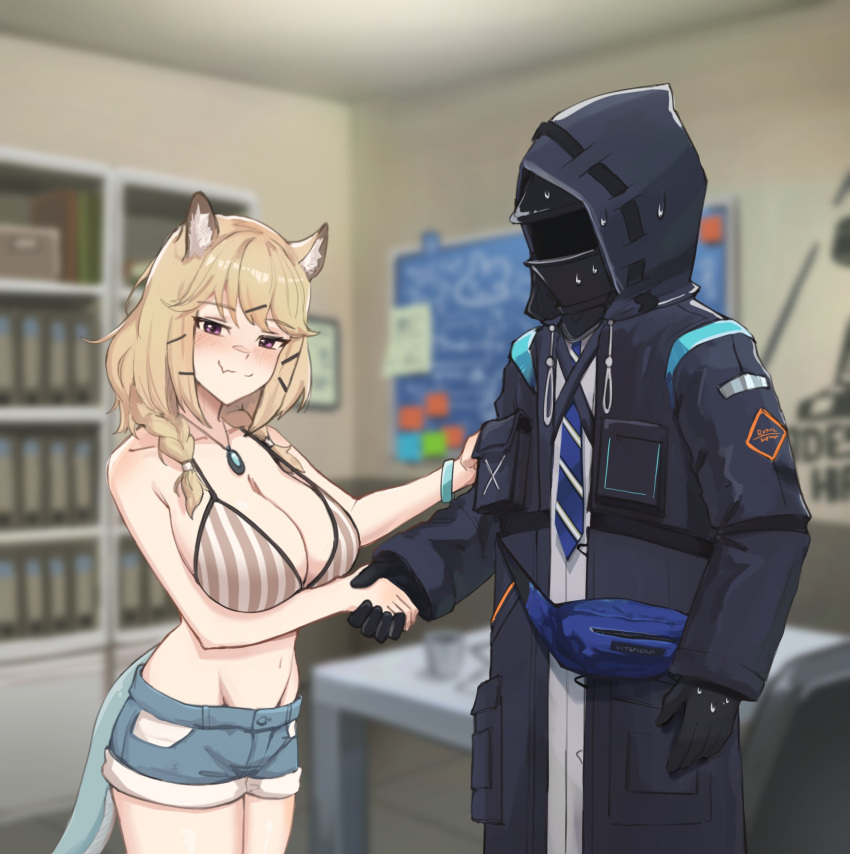 1girl 1other animal_ear_fluff animal_ears arknights bangs bikini black_jacket blue_necktie blush braid breasts cleavage cowboy_shot doctor_(arknights) english_commentary fang hair_ornament handshake highres hood hooded_jacket indoors jacket jewelry large_breasts long_sleeves looking_at_viewer meme navel necklace necktie office official_alternate_costume open_clothes purple_eyes radioneet shirt shorts skin_fang smile standing striped striped_bikini sweat swimsuit swimsuit_cover-up utage_(arknights) utage_(summer_flowers)_(arknights)