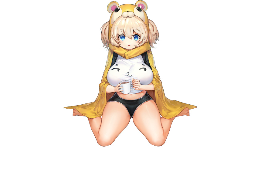 1girl :3 animal_hood barefoot black_shorts blonde_hair blue_eyes blush breasts cup ella_of_the_sky faux_figurine full_body game_cg hair_between_eyes hamster_hood highres holding holding_cup hood hot_chocolate huge_breasts impossible_clothes impossible_shirt jam_(nandade) large_breasts last_origin looking_at_viewer midriff mug navel official_alternate_costume official_art open_mouth oppai_loli shirt short_shorts short_twintails shorts sima_(startwitch) sitting smile solo transparent_background twintails wariza