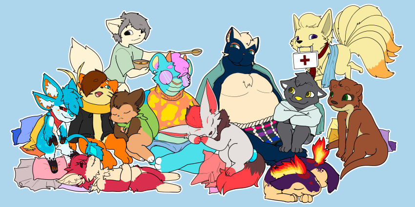 absurd_res anthro avali blitz_(gyro) blue_eyes bovid buizel canid canine caprine chespin countershading covid-19_pandemic eyes_closed fan_character feral fire food fox generation_1_pokemon generation_2_pokemon generation_4_pokemon generation_5_pokemon generation_6_pokemon goat hi_res hymin_(hybrid-mind) ill kayatcat lutrine male mammal markings mottled mottled_body mustelid ninetales nintendo paws pokemon pokemon_(species) purple_body quadruped quilava red_markings sleeping soup spice_blase_(tastytales) stunky tan_body video_games zorua