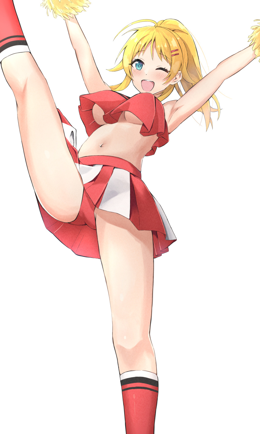 absurdres ahoge armpits bare_shoulders blonde_hair blue_eyes breasts cheerleader crop_top crop_top_overhang feet_out_of_frame hachimiya_meguru hair_ornament hairclip highres idolmaster idolmaster_shiny_colors kicking kneehighs large_breasts light_blush long_hair looking_at_viewer loose_clothes midriff miniskirt navel no_bra one_eye_closed open_mouth outstretched_arms panties pantyshot pleated_skirt pom_pom_(cheerleading) ponytail red_panties simple_background skirt smile socks spread_legs standing standing_on_one_leg striped striped_skirt toretate_saburou underboob underwear white_background