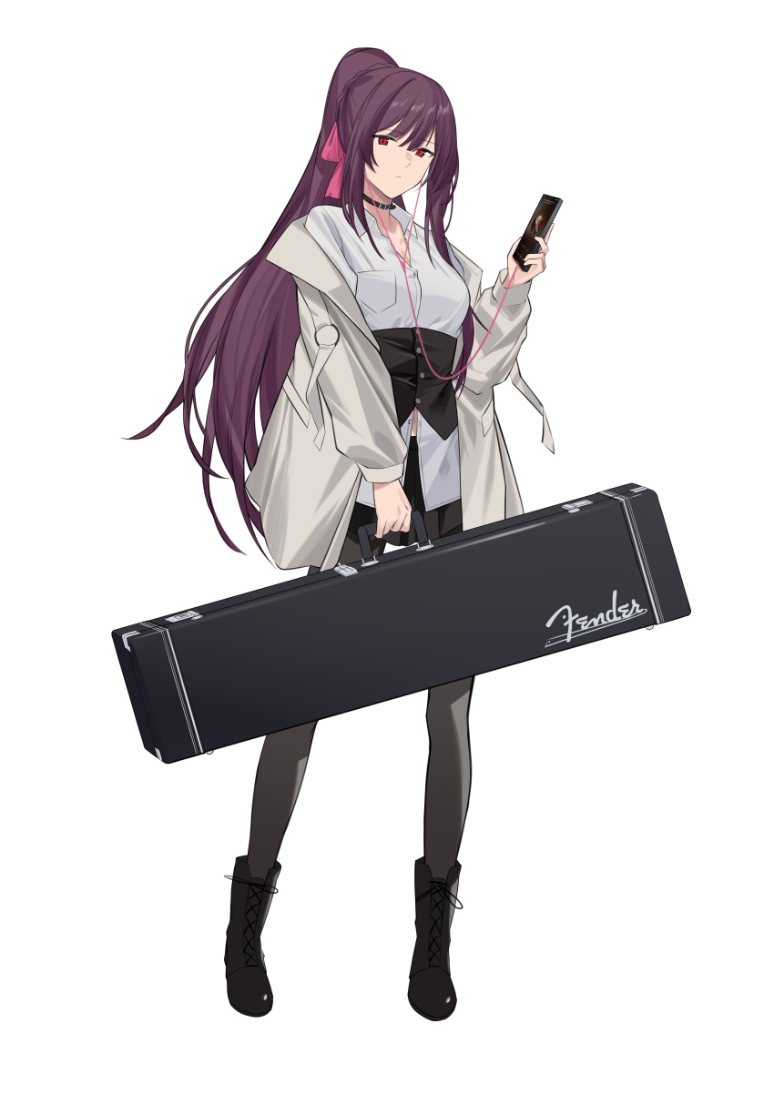 1girl absurdres alternate_costume bangs black_choker black_footwear black_pantyhose black_skirt boots breasts cellphone choker closed_mouth elinnasky full_body girls'_frontline hair_ribbon headphones highres holding holding_case holding_phone jacket jacket_pull long_hair long_sleeves looking_at_viewer medium_breasts open_clothes open_jacket pantyhose phone ponytail purple_hair red_eyes ribbon shirt skirt smartphone solo standing wa2000_(girls'_frontline) weapon_case white_background white_jacket white_shirt