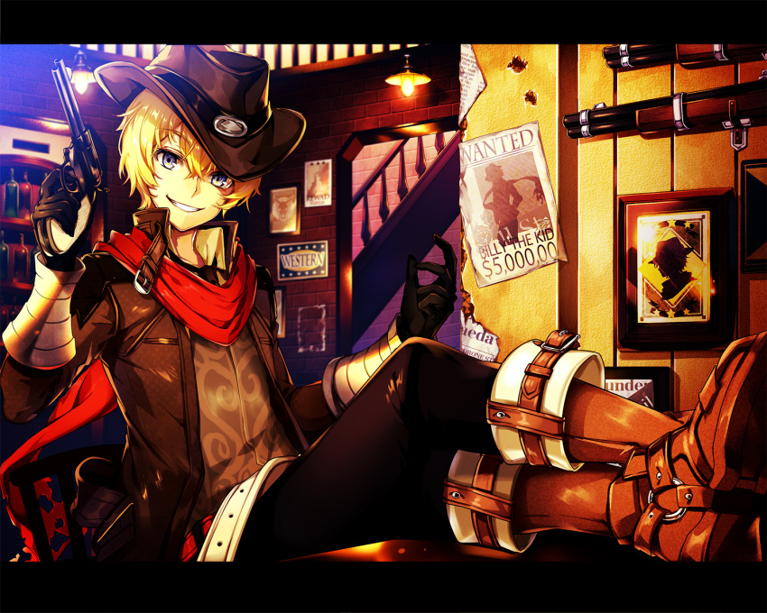 1boy billy_the_kid_(fate) blonde_hair boots cowboy cowboy_hat cowboy_western crossed_legs eyebrows_hidden_by_hair fate/grand_order fate_(series) grin gun handgun hat highres holding holding_weapon jacket looking_at_viewer male_focus money_gesture mutsuki_(ama245) red_scarf revolver rifle scarf sitting smile tavern wanted weapon
