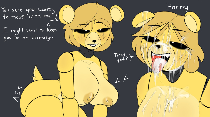 2022 animatronic anthro bear_tail big_breasts black_sclera blonde_hair blush blush_lines bodily_fluids breasts cum cum_in_mouth cum_inside cum_on_breasts cum_on_ear cum_on_eye cum_on_face cum_on_neck cum_on_snout cum_on_tongue dialogue digital_drawing_(artwork) digital_media_(artwork) english_text fangs female five_nights_at_freddy's freckles genital_fluids golden_freddy_(fnaf) hair hi_res horny leaning leaning_forward looking_up machine mammal nipples nude pupils question question_mark robot scottgames smile solo speech_bubble teeth text thick_thighs tongue ursid video_games void_eyes white_pupils yellow_body zhenai