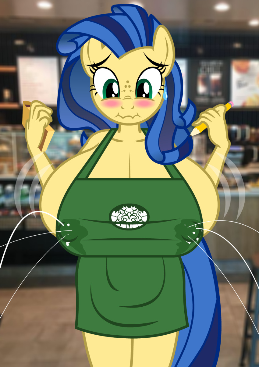 2021 anthro anthrofied apron apron_only big_breasts bite biting_lip blue_hair blush bodily_fluids breast_expansion breasts cleavage clothed clothing coffee_shop earth_pony embarrassed equid equine expansion eyelashes fan_character female flashequestria freckles friendship_is_magic fur green_eyes hair hi_res holding_note_pad holding_object holding_pencil horse huge_breasts i_mean_breast_milk inside lactating lactating_through_clothing mammal meme milk milky_way_(kloudmutt) mostly_nude my_little_pony nipple_outline note_pad pencil_(object) photo_background pony side_boob solo starbucks wet wet_clothing yellow_body yellow_fur