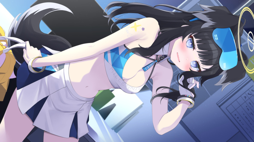 1girl animal_ears bangs bare_shoulders black_hair blue_archive blue_eyes blunt_bangs blush bracelet breasts cheerleader cleavage cowboy_shot crop_top dog_ears dog_girl dog_tail eyewear_on_head gloves goggles goggles_on_head halo hibiki_(blue_archive) hibiki_(cheerleader)_(blue_archive) indoors jewelry long_hair looking_at_viewer medium_breasts midriff miniskirt navel open_mouth pleated_skirt pom_pom_(cheerleading) race_queen sasahara_wakaba skirt solo stomach tail very_long_hair white_skirt