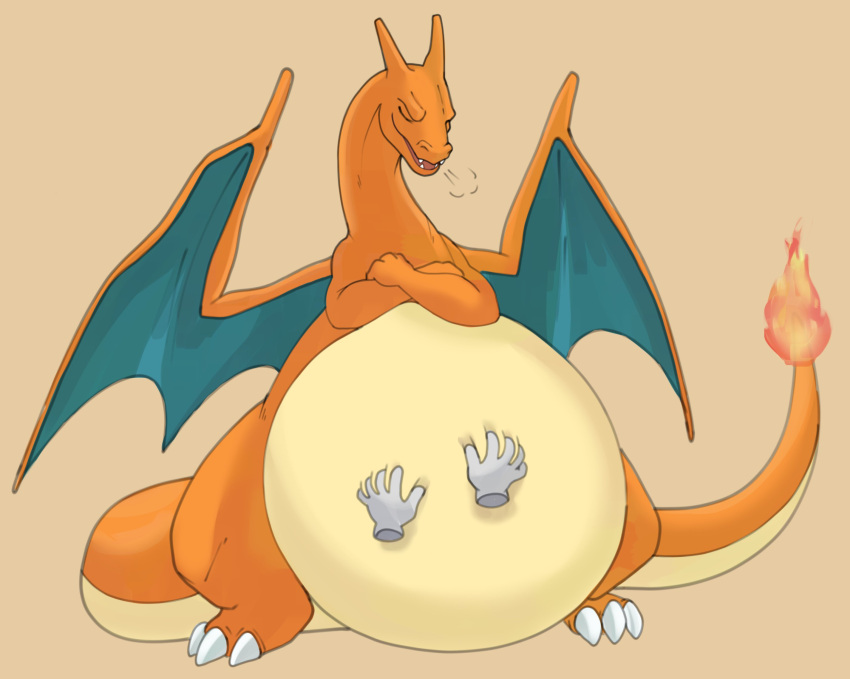 2022 ambiguous_gender belly big_belly charizard claws crossed_arms disembodied_hand eyes_closed feral generation_1_pokemon hand_on_stomach hi_res membrane_(anatomy) membranous_wings nintendo obese obese_ambiguous obese_feral overweight overweight_ambiguous overweight_feral pokemon pokemon_(species) simple_background solo standing video_games wings xeniyy