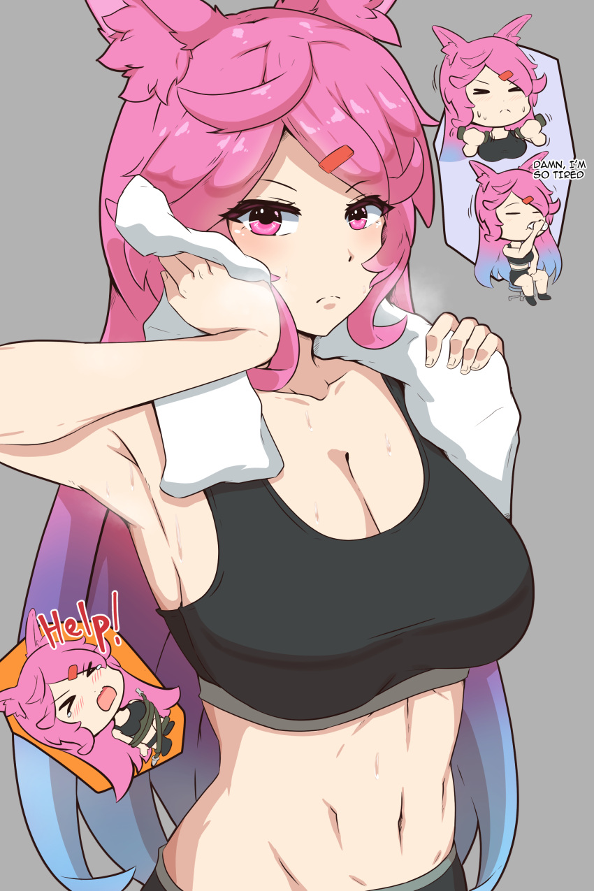 &gt;_&lt; &gt;o&lt; 1girl absurdres alternate_costume animal_ears armpits bangs bare_shoulders bike_shorts blue_hair bound cleo_(dragalia_lost) dragalia_lost drinking dumbbell english_text exercise exhausted hair_ornament hairclip hand_on_own_face hand_towel help hexelsafe highres jump_rope long_hair looking_at_viewer lying midriff motion_lines multicolored_hair multiple_views navel on_back pink_hair rabbit_ears sitting sports_bra sportswear struggling sweat tears tied_up_(nonsexual) two-tone_hair very_long_hair