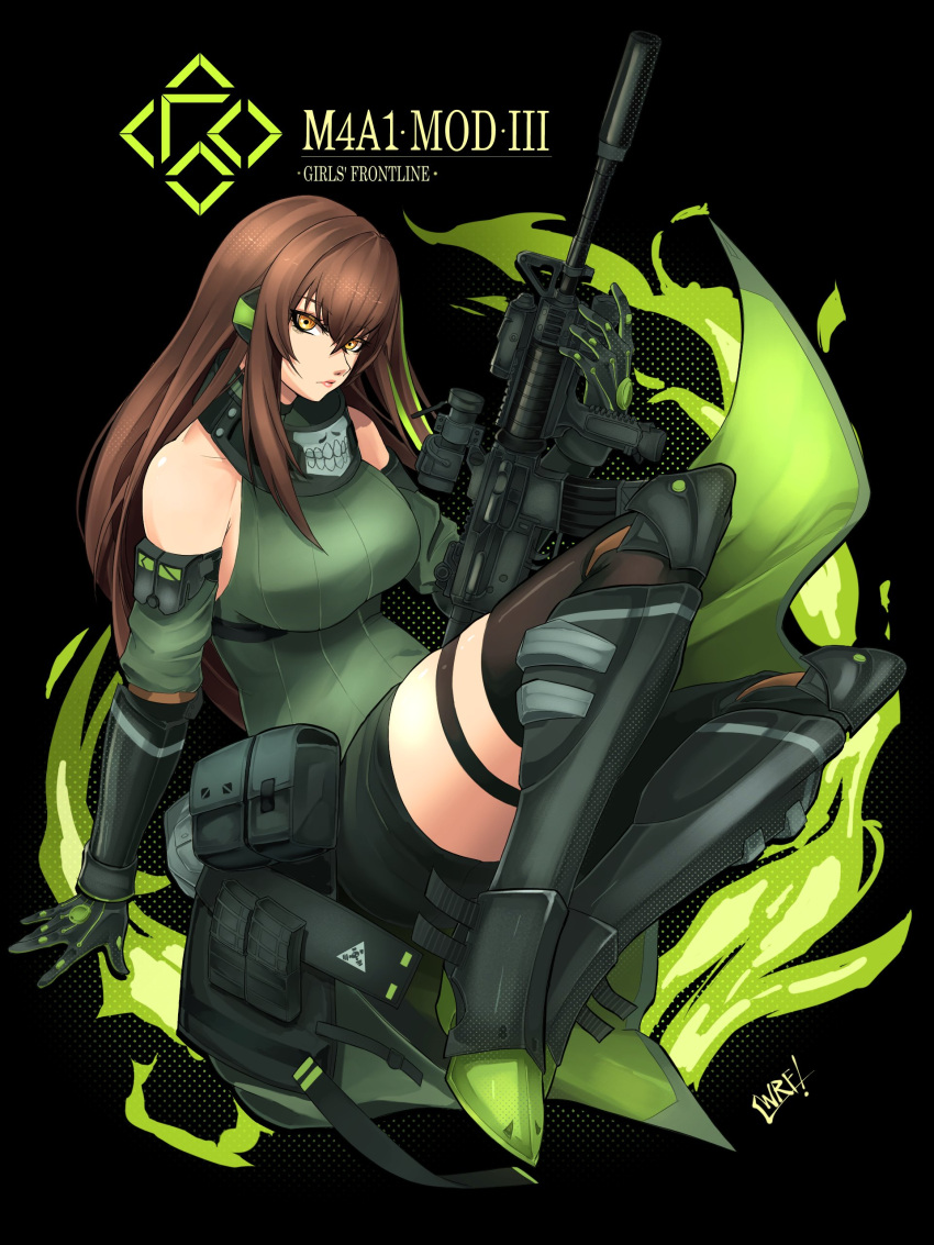 1girl absurdres arm_support armored_boots assault_rifle bangs bare_shoulders black_background black_footwear black_gloves black_shorts black_thighhighs boots breasts brown_hair character_name closed_mouth commentary copyright_name detached_sleeves elbow_gloves girls'_frontline gloves green_shirt green_sleeves gun hair_between_eyes highres holding holding_gun holding_weapon knee_boots long_hair looking_at_viewer m4_carbine m4a1_(girls'_frontline) medium_breasts name_connection object_namesake orange_eyes rifle shirt short_shorts shorts sleeveless sleeveless_shirt solo thighhighs thighhighs_under_boots very_long_hair warfakaid weapon