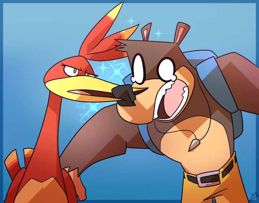 2020 anthro avian backpack banjo-kazooie banjo_(banjo-kazooie) beak bird bite black_nose blue_background bodily_fluids bottomwear breegull brown_body brown_fur clothing duo feathers female feral fur green_eyes head_tuft hi_res kazooie male mammal no_pupils pain pants potoobrigham rareware red_body red_feathers shark_tooth_necklace simple_background tears tears_of_pain tuft unimpressed ursid video_games yellow_beak yellow_body yellow_bottomwear yellow_clothing yellow_feathers yellow_pants