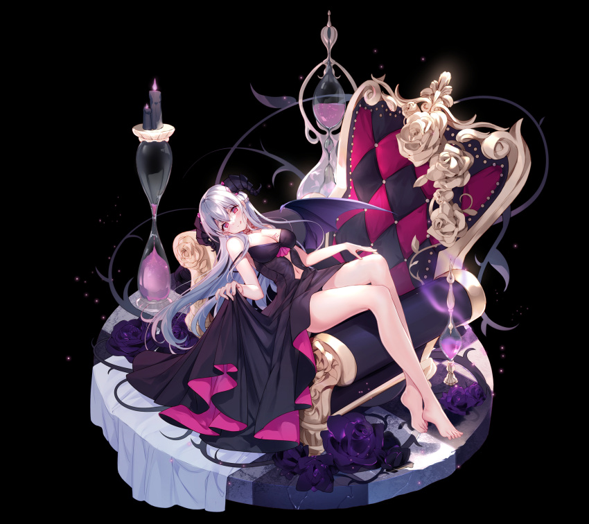 1girl :q bangs bare_arms bare_legs barefoot bison_cangshu black_dress black_surge_night breast_tattoo breasts candle cleavage closed_mouth clothing_cutout dress grey_hair hair_between_eyes highres horns hourglass large_breasts long_hair looking_at_viewer lying navel navel_cutout on_back red_eyes roman_numeral smile solo tattoo throne tongue tongue_out very_long_hair