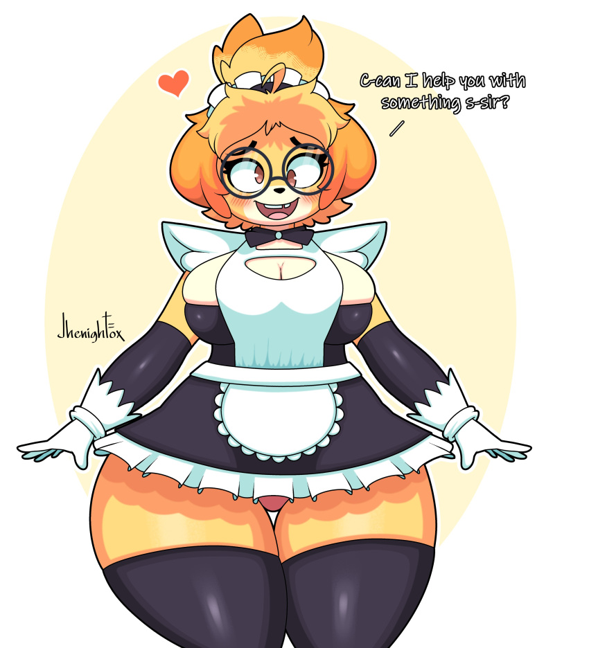 &lt;3 2022 absurd_res animal_crossing anthro artist_name blonde_hair blush breasts canid canine canis cleavage clothed clothing derp_eyes derpybelle dialogue domestic_dog english_text eyewear female glasses hair hi_res isabelle_(animal_crossing) jhenightfox looking_at_viewer maid_uniform mammal nintendo open_mouth open_smile shih_tzu signature smile solo talking_to_viewer teeth text thick_thighs tooth_gap toy_dog uniform video_games wide_hips