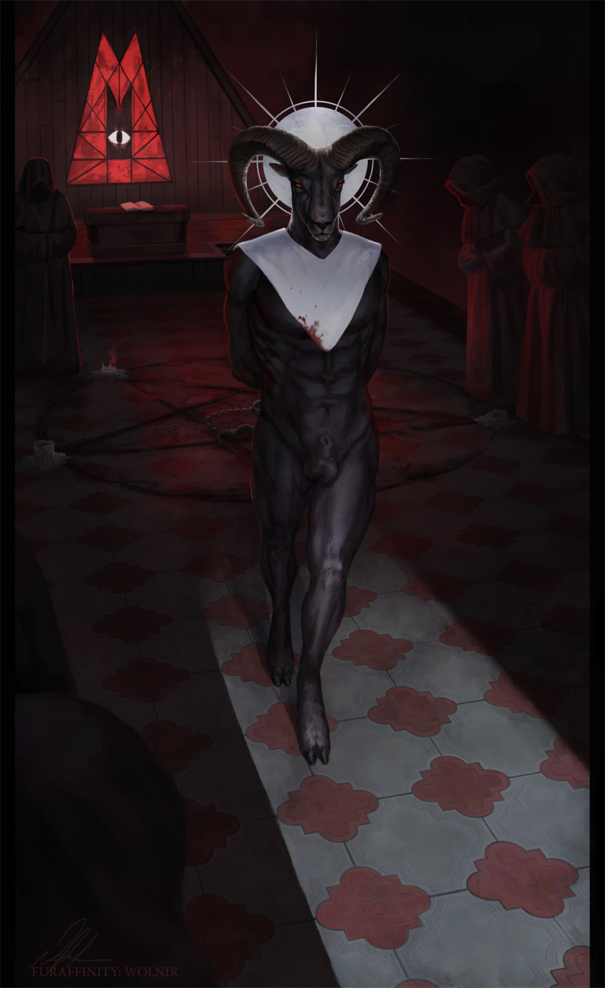 anthro balls blood bodily_fluids bovid bovid_horn candle caprine caprine_horn clothing cult_of_the_lamb detailed_background genitals group hi_res hood hooves horn lamb_(cult_of_the_lamb) male mammal pentagram ram_horn red_eyes robe stained_glass wolnir