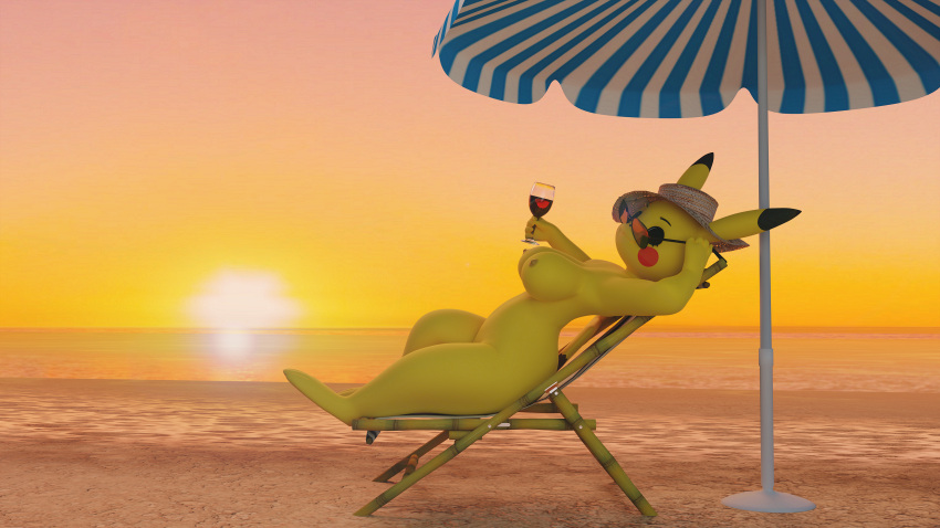 absurd_res alcohol anthro beach beach_chair beverage breasts clothing eyewear female generation_1_pokemon glasses hat headgear headwear hi_res looking_at_viewer lying nintendo nocht pikachu pokemon pokemon_(species) sea seaside solo sunset umbrella video_games water wine