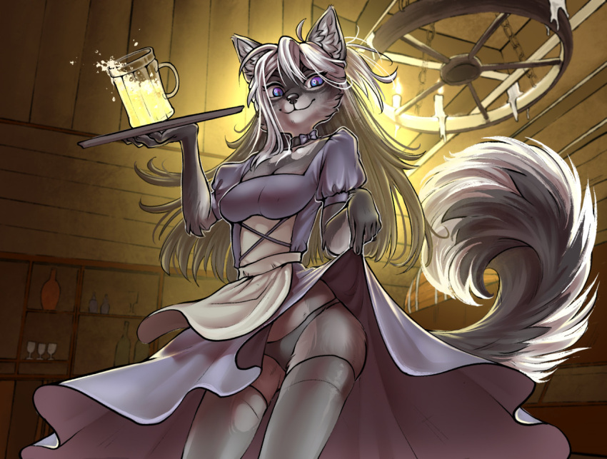 2022 5_fingers anthro breasts canid canine canis clothed clothing digital_media_(artwork) female fingers gimka hair mammal panties purple_eyes smile solo underwear upskirt white_hair wolf