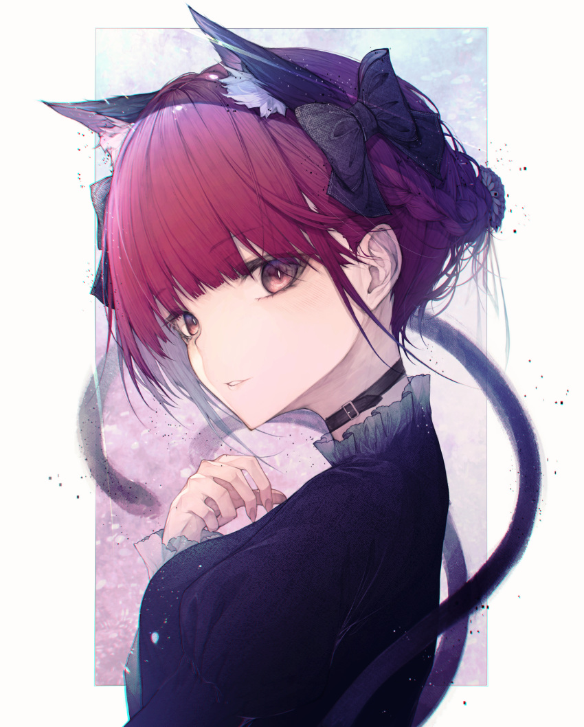 1girl absurdres animal_ears bangs black_bow black_dress blush bow braid breasts cat_ears choker collar collarbone collared_shirt dress extra_ears frilled_dress frilled_sleeves frills hair_bow hair_ornament hand_up highres hito_komoru kaenbyou_rin long_sleeves looking_at_viewer medium_hair multiple_tails nekomata red_eyes red_hair red_nails shirt simple_background small_breasts smile solo tail touhou twin_braids two_tails upper_body