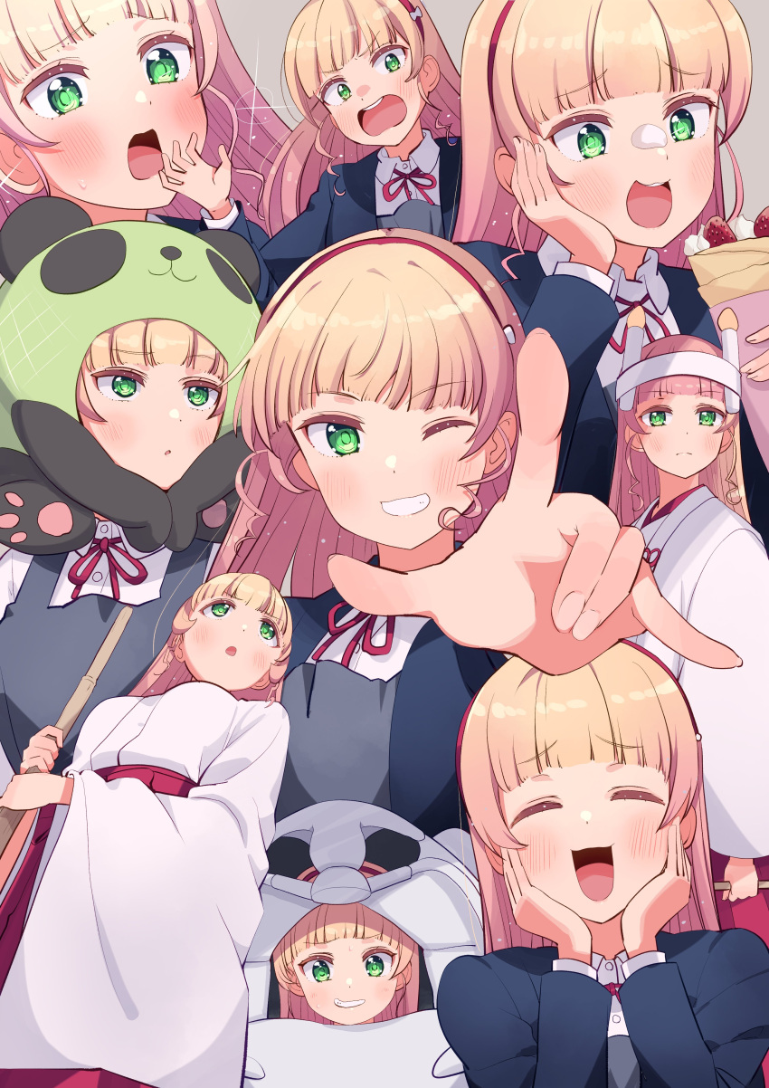 1girl absurdres aged_down animal_costume bangs birthday blonde_hair blunt_bangs blush breasts broom candle closed_eyes commentary cream_(nipakupa) food green_eyes grey_background grin heanna_sumire highres holding holding_broom isopod japanese_clothes long_hair looking_at_viewer love_live! love_live!_superstar!! medium_breasts miko multiple_views one_eye_closed school_uniform smile straight_hair upper_body yuigaoka_school_uniform