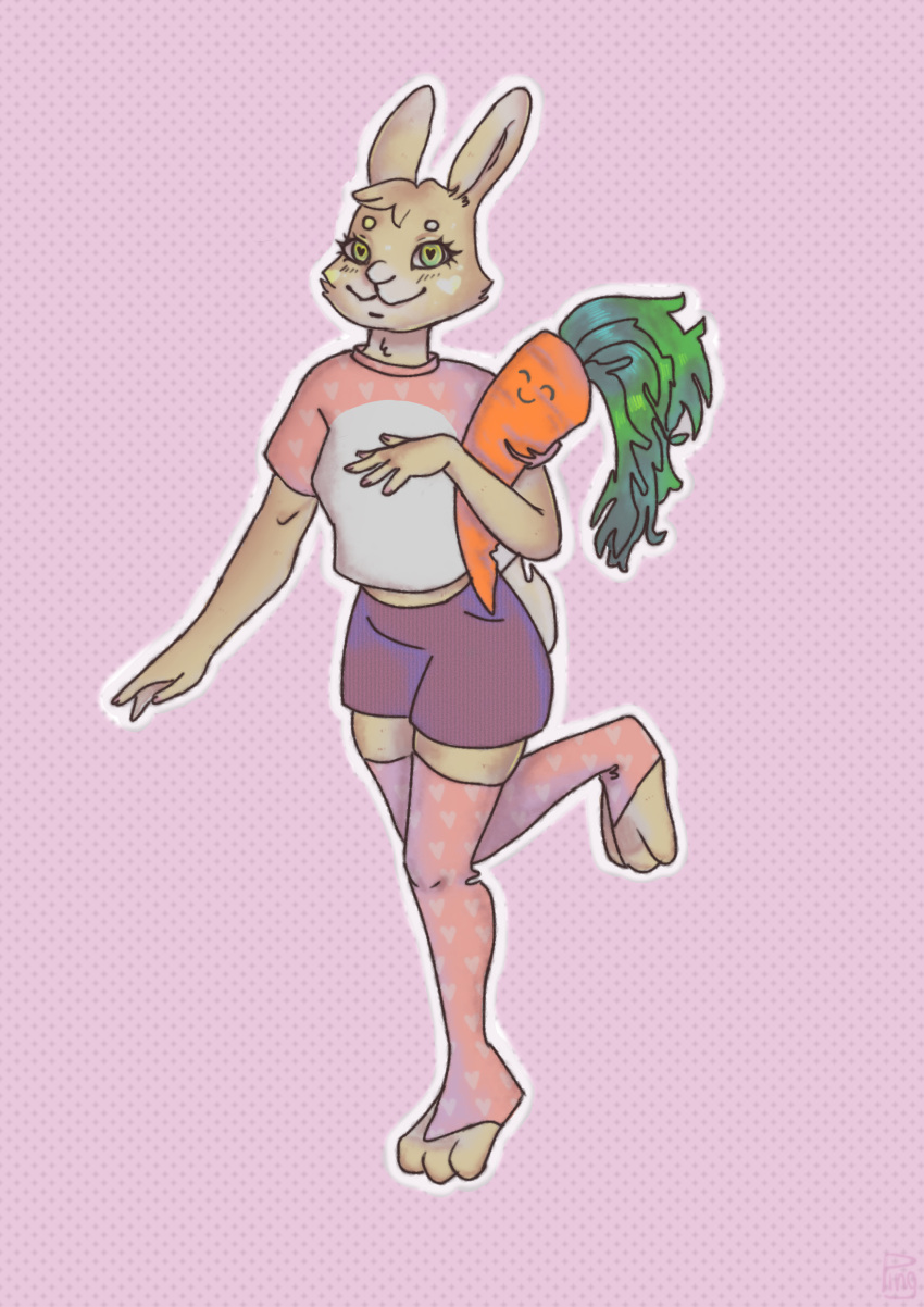 2022 absurd_res anthro biped bottomwear carrot clothing crop_top dotted_background female food fur green_eyes hi_res holding_carrot holding_food holding_object holding_vegetable lagomorph leporid mammal midriff p1ngu1ne pattern_background plant rabbit scut_tail shirt short_tail shorts simple_background smile solo tan_body tan_fur topwear vegetable