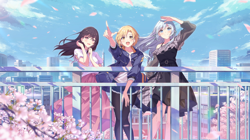 3girls arm_up blonde_hair blue_eyes blush brown_eyes brown_hair character_request closed_mouth day highres la_priere long_hair looking_at_viewer multiple_girls narumi_nanami open_mouth outdoors pantyhose pointing short_hair short_sleeves smile yellow_eyes