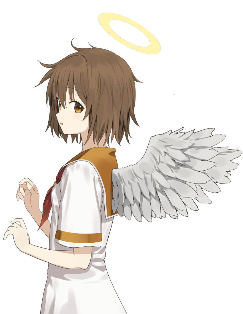 1girl blush brown_eyes brown_hair commentary_request dress feathered_wings haibane_renmei hair_between_eyes halo highres looking_at_viewer neckerchief orange_sailor_collar parted_lips rakka_(haibane) red_neckerchief sailor_collar sailor_dress short_hair short_sleeves simple_background solo wasabi60 white_background white_dress white_wings wings