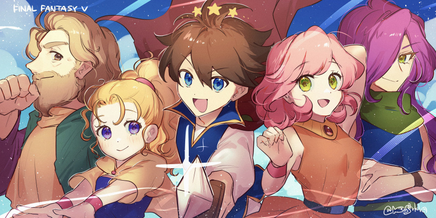 2boys 3girls absurdres blonde_hair blue_eyes breasts brown_hair butz_klauser closed_mouth dress faris_scherwiz final_fantasy final_fantasy_v galuf_halm_baldesion green_eyes hanaon highres krile_mayer_baldesion lenna_charlotte_tycoon long_hair looking_at_viewer multiple_boys multiple_girls open_mouth pink_hair ponytail purple_hair short_hair smile sword weapon