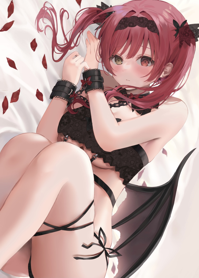 1girl black_bra bra breasts cleavage demon_wings garter_belt hair_ornament heterochromia highres hololive houshou_marine lace large_breasts looking_at_viewer mashiro_chun navel red_eyes red_hair solo stomach thighhighs underwear virtual_youtuber wings