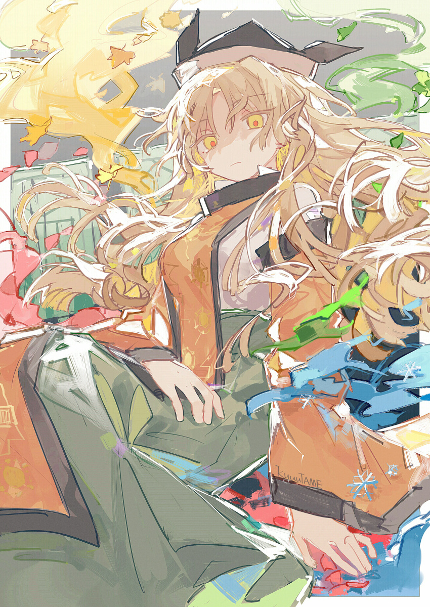 1girl absurdres bad_anatomy bad_hands black_headwear blonde_hair closed_mouth constellation_print door green_skirt hat highres kyuutame long_hair matara_okina orange_sleeves skirt solo tabard touhou wide_sleeves yellow_eyes