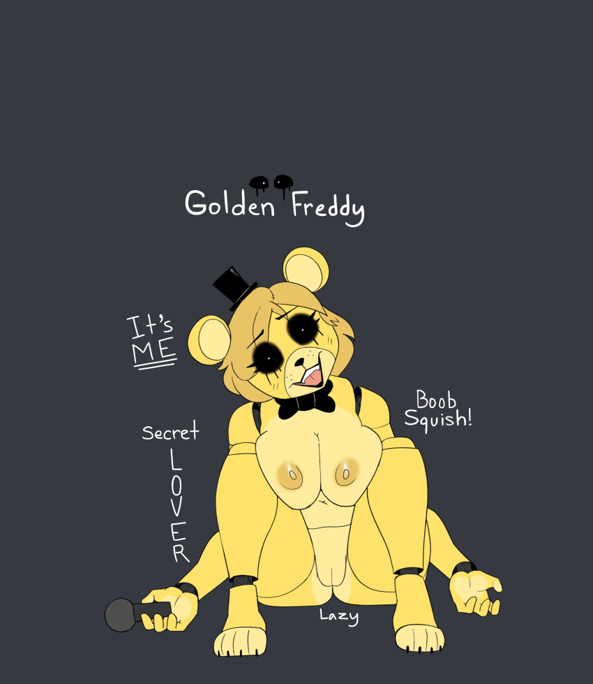 2022 4_fingers absurd_res animatronic anthro black_sclera blonde_hair bow_tie breast_squish breasts clothing creepy digital_drawing_(artwork) digital_media_(artwork) english_text fangs feet female fingers five_nights_at_freddy's freckles genitals golden_freddy_(fnaf) hair hat headgear headwear hi_res holding_microphone holding_object machine mammal microphone mostly_nude nipples on_ground open_mouth pupils pussy robot scottgames simple_background sitting smile solo squish teeth text tongue top_hat ursid video_games void_eyes white_pupils yellow_body zhenai