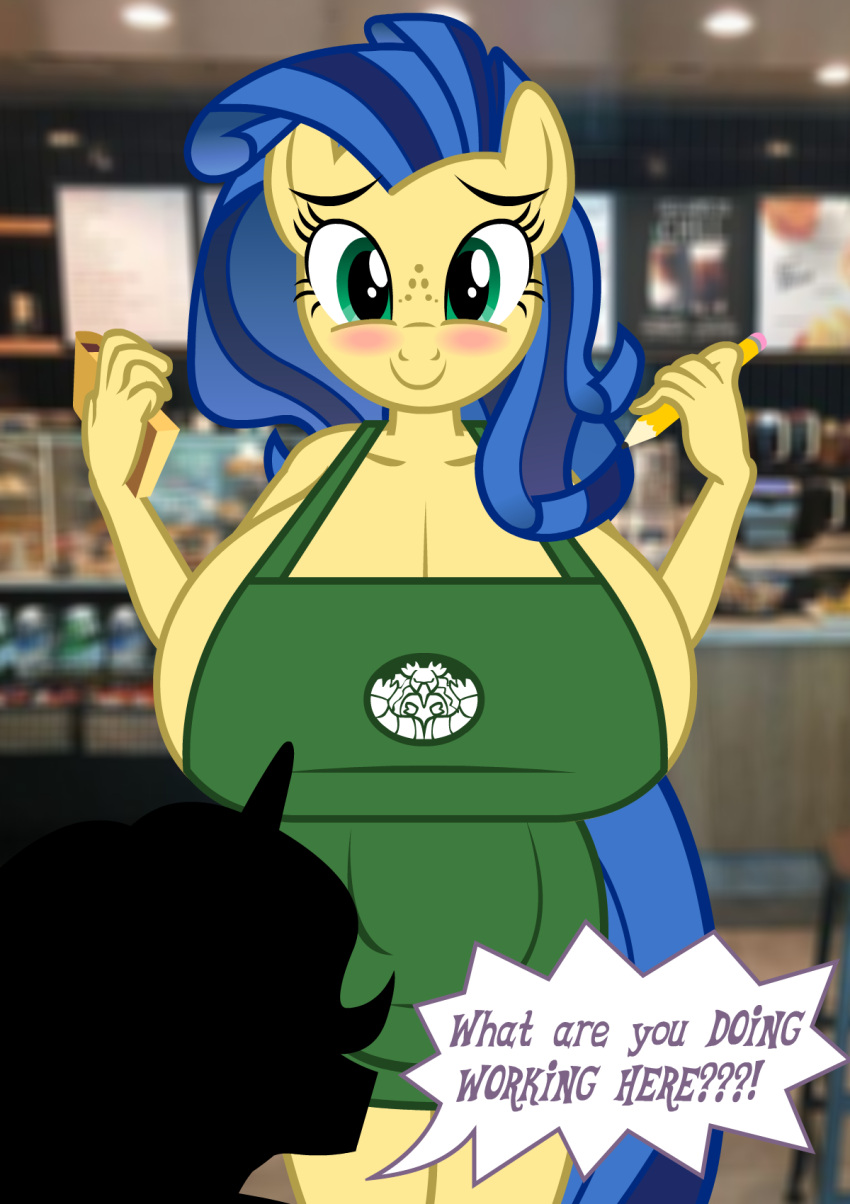 ?! ambiguous_gender anthro anthrofied apron apron_only big_breasts blue_hair blush breasts cleavage clothed clothing coffee_shop dialogue duo earth_pony embarrassed english_text equid equine eyelashes fan_character female flashequestria freckles friendship_is_magic fur green_eyes hair hi_res holding_note_pad holding_object holding_pencil horn horse huge_breasts i_mean_breast_milk inside mammal meme milky_way_(kloudmutt) mostly_nude my_little_pony note_pad pencil_(object) photo_background pony side_boob silhouette smile solo_focus starbucks text unicorn yellow_body yellow_fur