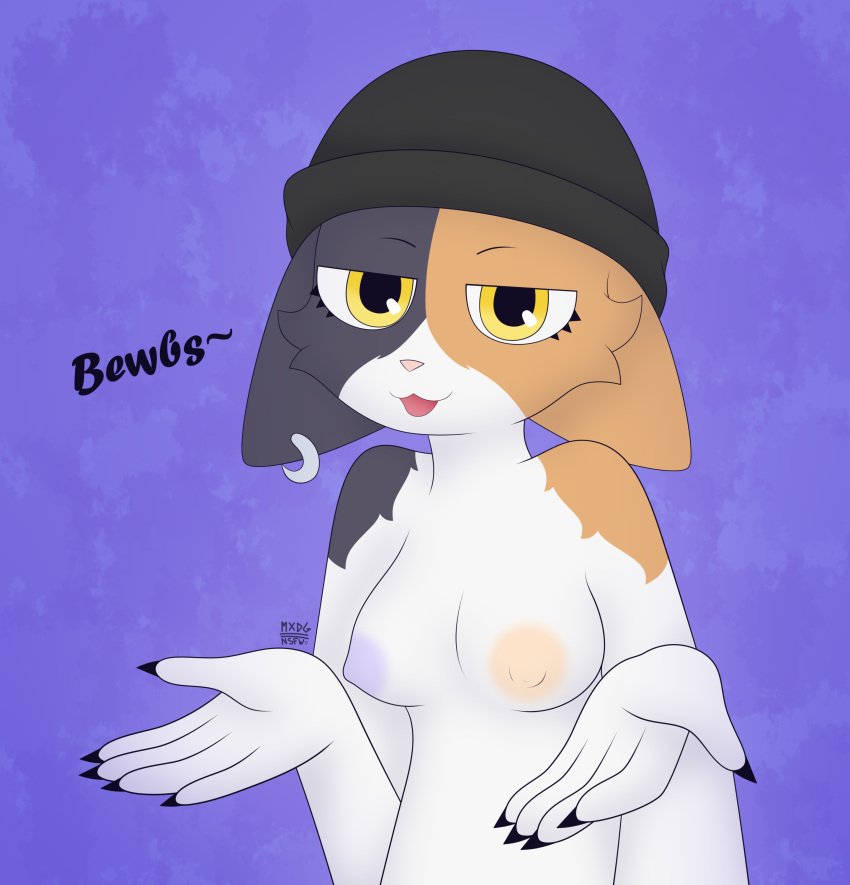 5_fingers absurd_res anthro breasts calico_cat claws clothed clothed/nude clothing domestic_cat epic_games felid feline felis female fingers fortnite hat hat_only headgear headgear_only headwear headwear_only hi_res looking_at_viewer mammal max_draws meow_skulls_(fortnite) mismatched_nipples mostly_nude mottled nipples nude open_mouth piebald piercing solo video_games