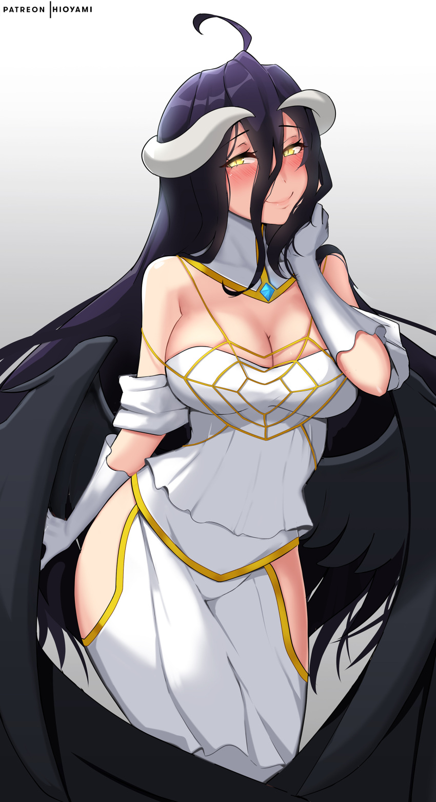 1girl absurdres ahoge albedo_(overlord) arm_at_side bare_shoulders black_hair black_wings blush breasts cleavage closed_mouth clothing_cutout demon_girl demon_horns dot_nose dress english_commentary feathered_wings full-face_blush gloves gold_trim hair_between_eyes hand_up highres hioyami horns large_breasts legs_together looking_at_viewer low_wings overlord_(maruyama) patreon_username simple_background smile solo spider_web_print white_background white_dress white_gloves wings yellow_eyes