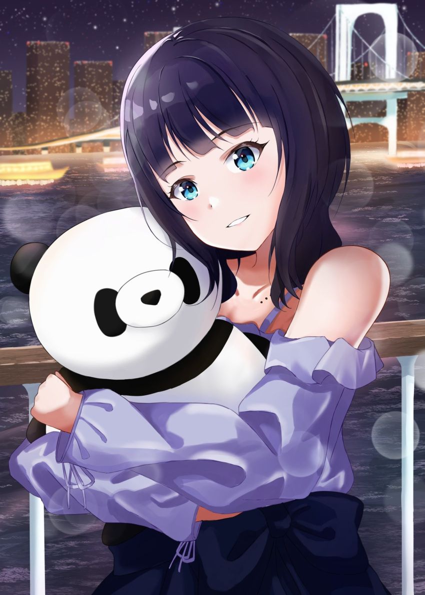 1girl asaka_karin black_hair blue_eyes bridge canal city commentary female_only grin head_tilt highres holding holding_stuffed_toy hug light_blush looking_at_viewer love_live! love_live!_nijigasaki_high_school_idol_club medium_hair momouninego night object_hug off-shoulder_shirt off_shoulder purple_shirt railing shirt smile solo stuffed_animal stuffed_panda stuffed_toy water