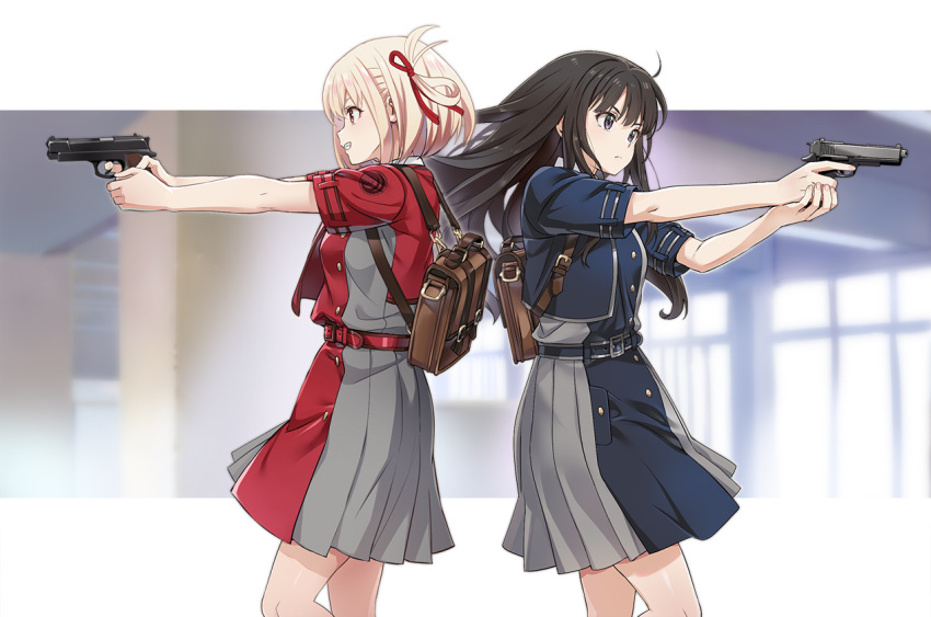 2girls back-to-back backpack bag bangs battle black_hair blonde_hair blue_dress blue_ribbon blue_skirt blurry blurry_background bob_cut brown_bag carrying_bag closed_mouth collared_shirt cowboy_shot dress from_side green_ribbon grey_dress grey_skirt grin gun hair_ribbon handgun holding holding_gun holding_weapon inoue_takina long_hair long_sleeves looking_away looking_to_the_side lycoris_recoil lycoris_uniform multiple_girls neck_ribbon nishikigi_chisato nyoro_(nyoronyoro000) pleated_skirt pointing_gun purple_eyes red_dress red_eyes red_ribbon red_skirt ribbon serious shirt short_hair skirt smile teeth two-tone_dress two-tone_skirt uniform weapon white_shirt