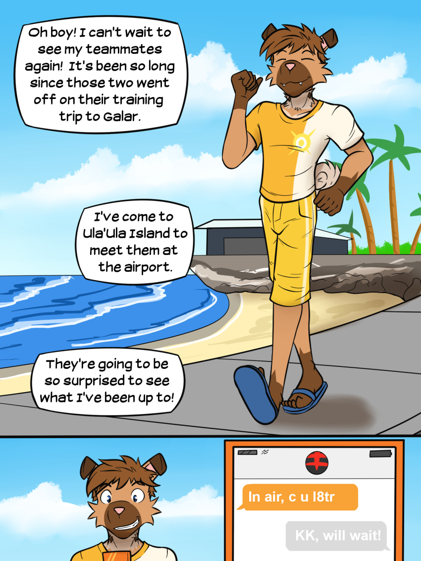 3:4 anthro anthrofied beach bottomwear cellphone clothed clothing comic english_text flip_flops footwear fully_clothed fuze generation_7_pokemon hi_res holding_cellphone holding_object holding_phone male nintendo outside palm_tree phone plant pokemon pokemon_(species) pokemorph ricky_(fuze) rockruff sandals sea seaside shirt shorts solo t-shirt text text_message topwear tree video_games water