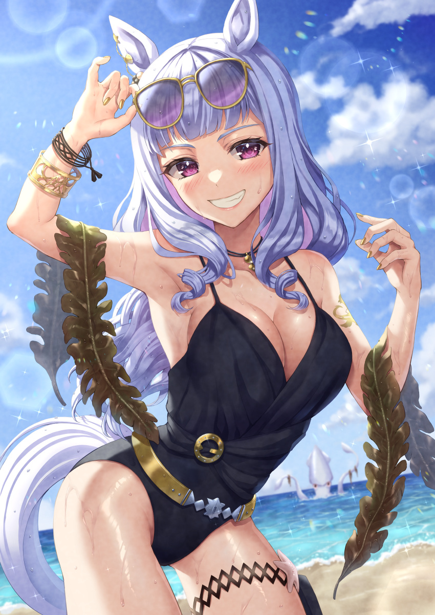 1girl absurdres animal_ears bangle black_one-piece_swimsuit bracelet breasts cleavage eyewear_on_head gold_nails gold_ship_(run_revolt_launcher)_(umamusume) gold_ship_(umamusume) grey_hair highres horse_ears horse_girl horse_tail jewelry large_breasts looking_at_viewer nail_polish necklace ocean octopus official_alternate_costume one-piece_swimsuit purple_eyes rachel_(ry-0820-love-asmjgtk02) seaweed smile solo sunglasses super_smashing_summer_vacation_(umamusume) swimsuit tail teeth thigh_strap umamusume