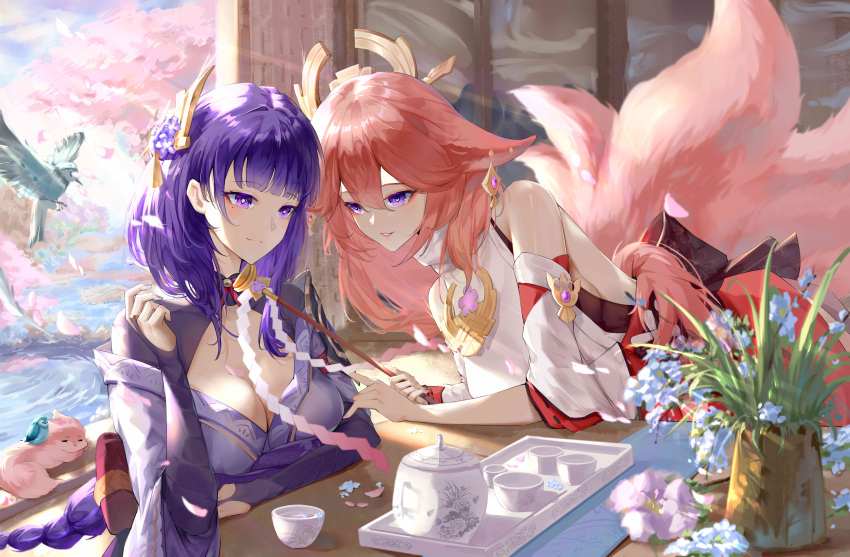 2girls absurdres alin_leng_bu_sheng animal animal_ears arm_on_table bare_shoulders bird blue_sky braid braided_ponytail breasts bridal_gauntlets cleavage cup earrings elbow_on_table falling_petals flower fox_ears fox_tail genshin_impact gohei hair_between_eyes hair_flower hair_ornament highres holding_gohei japanese_clothes jewelry kimono large_breasts leaning_forward long_hair looking_at_another multiple_girls multiple_tails off_shoulder parted_lips pendant petals pink_hair pond purple_eyes purple_hair purple_kimono raiden_shogun shirt shrug_(clothing) simple_background sitting sky sleeveless sleeveless_shirt smile sunlight tail tea_set teacup teapot white_shirt wide_sleeves yae_miko yae_miko_(fox)