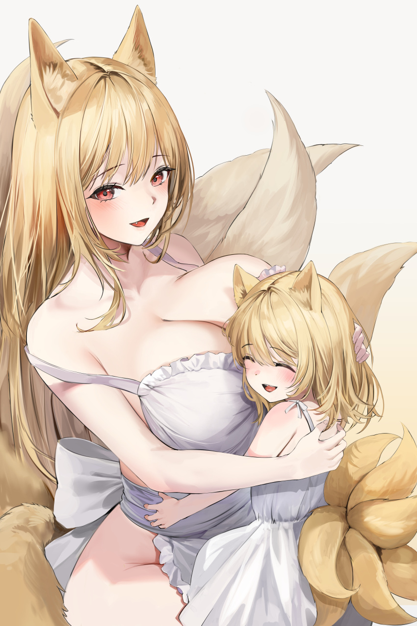 2girls :d ^_^ ^o^ absurdres animal_ear_fluff animal_ears apron armpits bare_arms bare_shoulders blonde_hair blush breasts cleavage closed_eyes collarbone commentary commission dress english_commentary fang female_child fox_ears fox_girl fox_tail frilled_apron frills gradient gradient_background hand_on_another's_back hand_on_another's_head highres hug huge_breasts lillly long_hair looking_at_viewer medium_hair mother_and_daughter multiple_girls multiple_tails naked_apron no_bra open_mouth original parted_lips red_eyes short_hair simple_background sitting smile strap_slip sundress tail very_long_hair white_apron white_background white_dress wrinkled_fabric