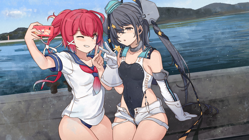 2girls absurdres ahoge aqua_headwear black_one-piece_swimsuit black_ribbon breasts candy cellphone commission competition_swimsuit food garrison_cap gloves grey_eyes grey_hair grin hair_ornament hair_ribbon hat highleg highleg_swimsuit highres i-168_(kancolle) kanmiya_shinobu kantai_collection long_hair multiple_girls one-piece_swimsuit one_eye_closed phone pink_hair ponytail ribbon scamp_(kancolle) school_swimsuit school_uniform selfie serafuku shorts side_ponytail sitting skeb_commission small_breasts smartphone smile star_(symbol) star_hair_ornament swimsuit swimsuit_under_clothes v white_gloves white_ribbon white_shorts