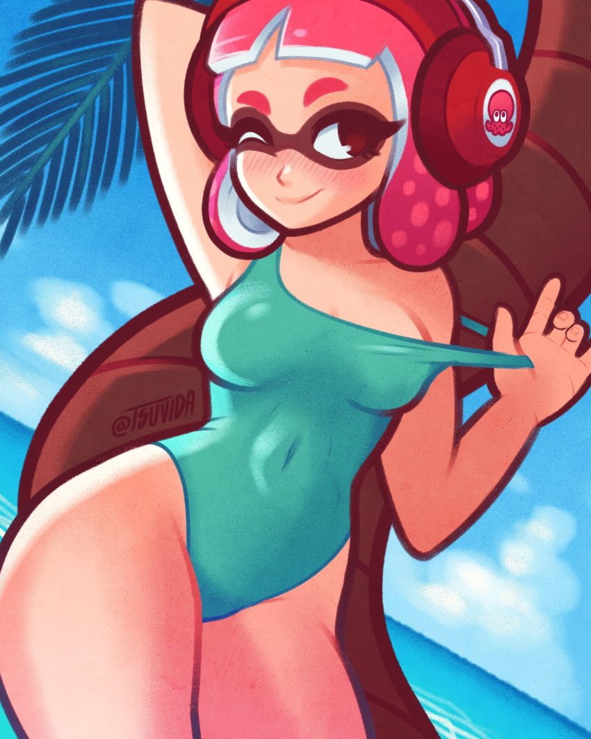 animal_humanoid blue_background blush breasts brown_eyes cephalopod cephalopod_humanoid clothing cloud cloudscape eyelashes facial_markings female green_clothing green_swimwear hair hand_behind_head head_markings headphones hi_res humanoid inkling marine marine_humanoid markings mollusk mollusk_humanoid navel_outline nintendo one_eye_closed palm_tree pink_hair plant pseudo_hair sea short_hair simple_background sky solo splatoon swimwear tan_body tan_skin tentacle_hair tentacles thick_thighs tree tsuvida video_games water wide_hips wink