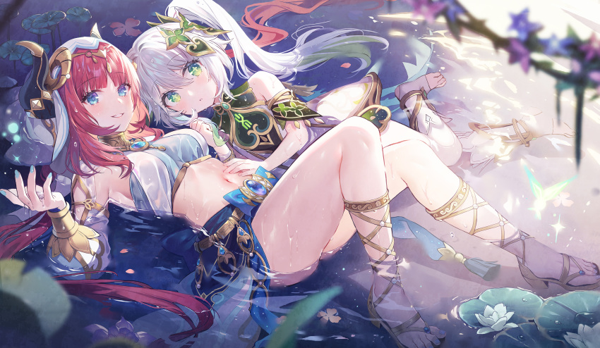 2girls absurdres armpits bare_shoulders blue_eyes breasts dancer detached_sleeves dress genshin_impact gradient_hair green_eyes grin highres horns knees_up lino_chang long_hair looking_at_viewer lying medium_breasts midriff multicolored_hair multiple_girls nahida_(genshin_impact) navel nilou_(genshin_impact) on_back plant red_hair revealing_clothes sandals short_dress side_ponytail smile stomach symbol-shaped_pupils thighs veil vines water wet white_dress white_hair